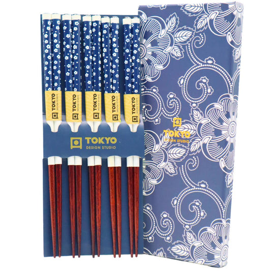 TOKYO DESIGN Essstäbchen Blaue Blumen Dunkles Holz Geschenkset - 5 Paare